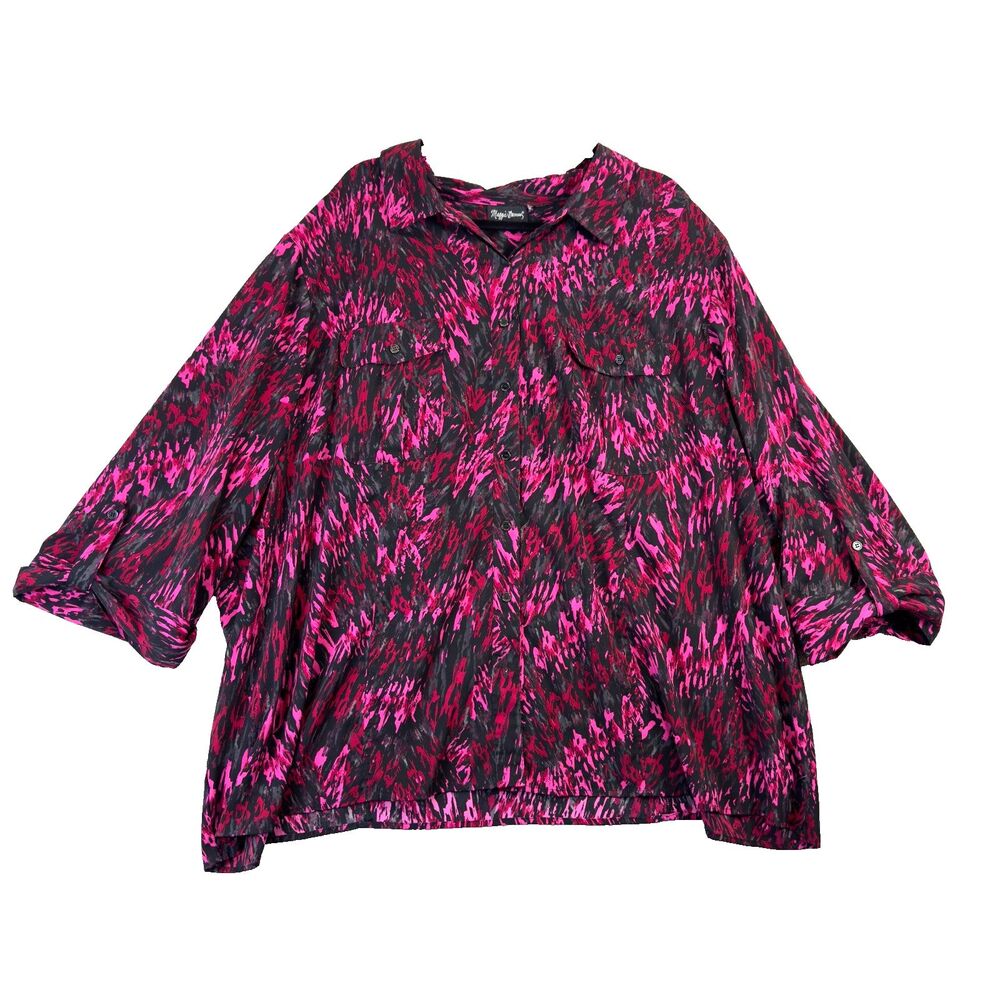 Maggie Barnes Blouse Womens 4X Pink Button Up Geometric Front Pockets Office Top